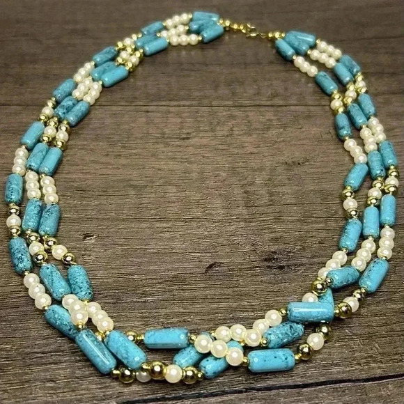 Three Strand Turquoise and Faux Pearl Gold Tone Beads Beaded Necklace - Picture 1 of 3